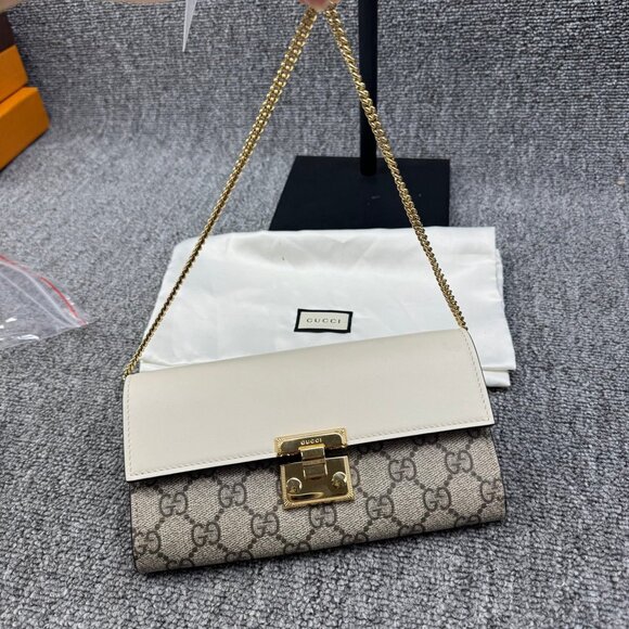 GUCCI Padlock Wallet On Chain Brown&White Canvas Tote 550-071525 - Picture 3 of 13